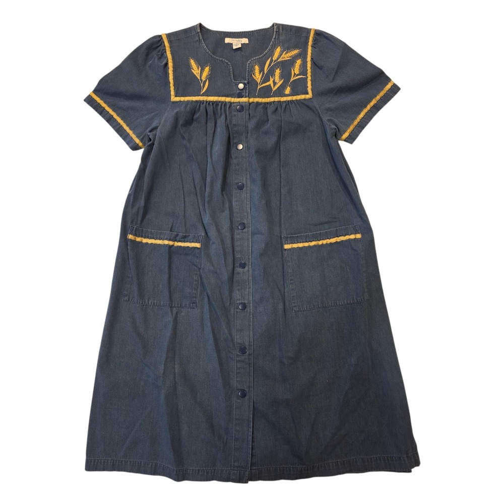 Go Softly Denim Prairie Dress Small Embroidered Wheat Cottagecore